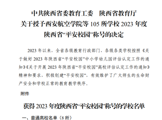 陜鐵院榮獲2023年度“陜西省平安校園”稱號